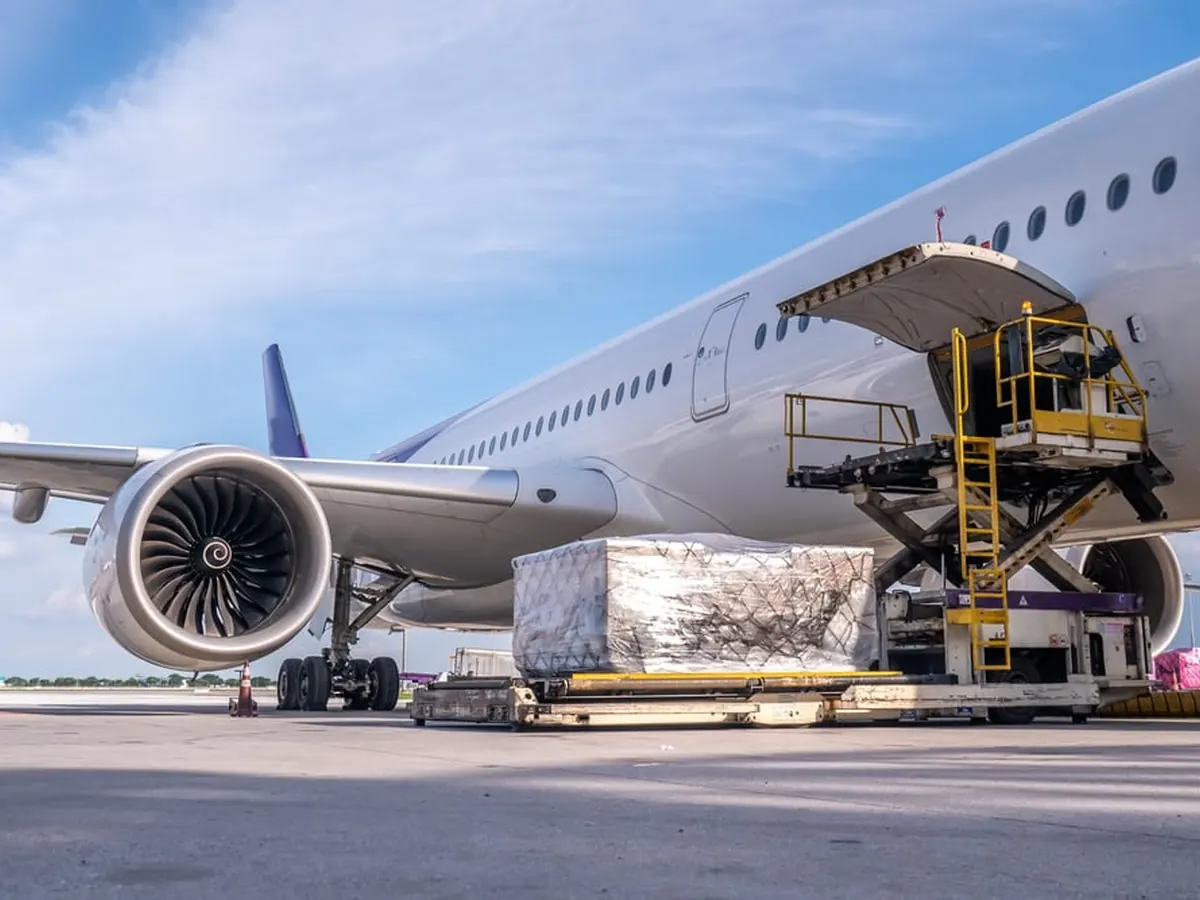 Air freight cargo being loaded onto an aircraft
