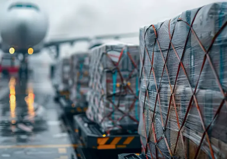Consolidated air cargo pallets ready for loading