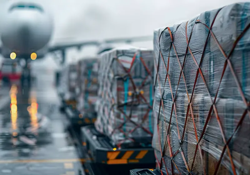 Consolidated air cargo pallets ready for loading