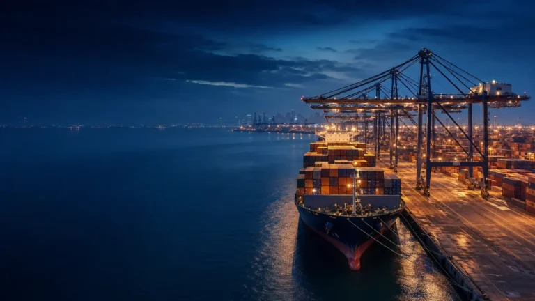 Container terminal at night where cargo is cleared through customs
